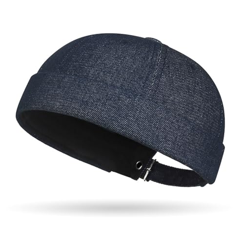 Denim Brimless Hats for Women Men Docker Style Cap Vintage Sailor Beanie Hat - color: Navy Blue