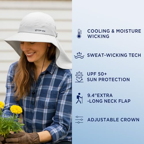 TOP-EX UPF 50+ Cooling Wide Brim Sun Hat for Men with Neck Flap, Packable - color: Light Grey, size: Large-X-Large