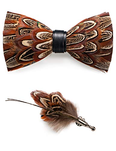 RBOCOTT Handmade Feather Pre-tied Bow tie and Brooch Sets for Men - color: Brown
