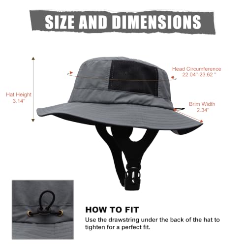 Surblue Surf Bucket Hat with Widened Chin Straps UPF 50+ Windproof Sun Hat Adjustable Packable Cap for Water Sports Surfing - color: Darkgray