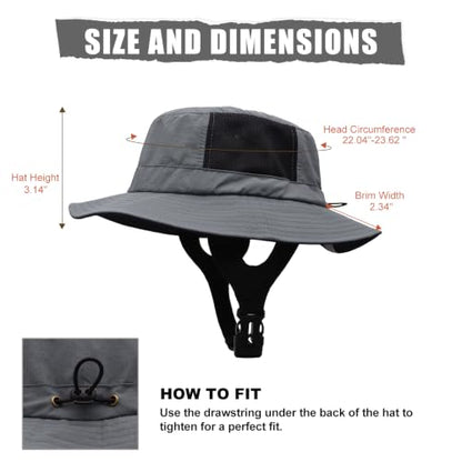 Surblue Surf Bucket Hat with Widened Chin Straps UPF 50+ Windproof Sun Hat Adjustable Packable Cap for Water Sports Surfing - color: Darkgray