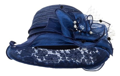 Women Wide Brim Organza Derby Hat Summer Sun Hat Fascinator Bridal Tea Party Wedding Hat - color: Navy