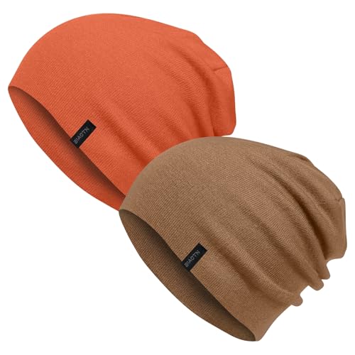 Wool Blend Thin Beanie for All Season, 2 Pack Lightweight Slouchy Knit Beanie Hats Sleep Cap - color: Orange/Brown