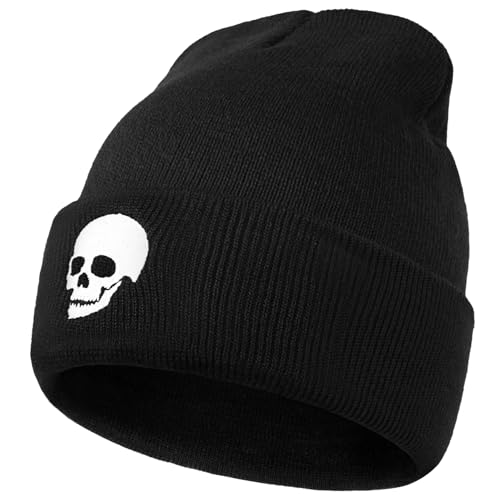 Gothic Skull Beanie Hats for Men Women, Skeleton Cuffed Winter Hat for Goth Gifts, Indoor and Outdoor Outfit Matching - color: 03.black/Skull-l