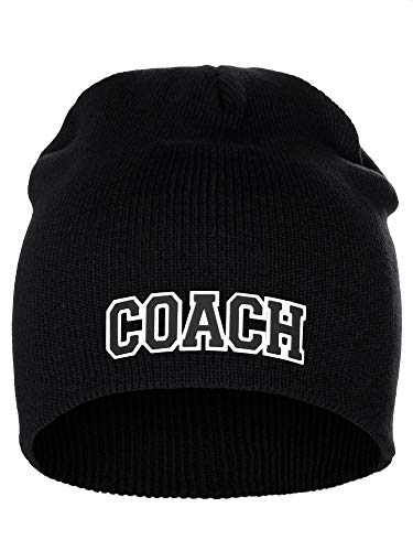I&W Sports Team Coach Arch Letters Winter Knit Cuffless Beanie 3D Raised Layers - color: Black Beanie White Black