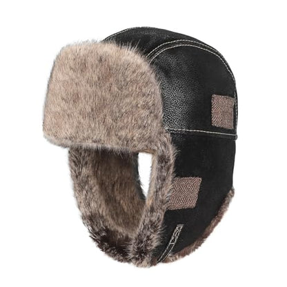 Men Trapper Hat Faux Leather Fur Winter Earflap Russian Trooper Ushanka Hat Women Fluffy Warm Soft Aviator Cossack Skiing Cap - color: Black
