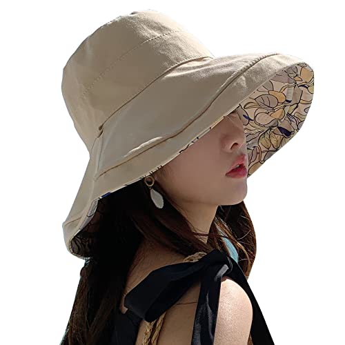 Double Side Womens Floral Wide Brim Sun Hat, UPF50+ UV Protection Reversible Bucket Hat Foldable Adjustable Brim - color: Wheat