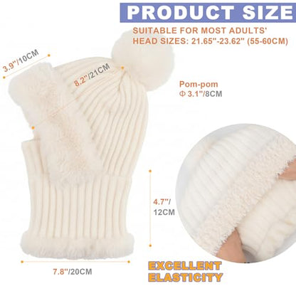 AQOKKA 3 in 1 Knit Fleece Lined Beanie Hat with Scarf and Mask Warm - color: White