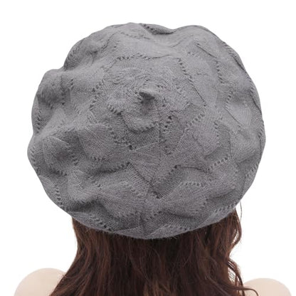 ZLYC Women French Beret Hat Reversible Solid Color Knit Warm Artist Cap - color: Cable Pattern Gray