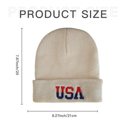 American Flag Beanie, USA Embroidered Winter Hat for Women Men - color: Usa-brown