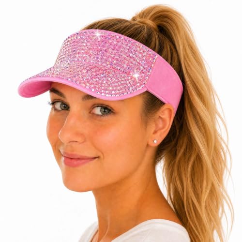 Bling Rhinestone Sun Visor for Women Sparkle Hat for Tennis Beach Sport - color: 03 Pink Colorful