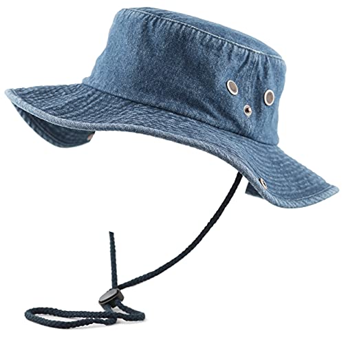 The Hat Depot Cotton Stone-Washed Safari Wide Brim Foldable Double-Sided Sun Boonie Bucket Hat - color: 4. Dk.denim, size: Large-X-Large