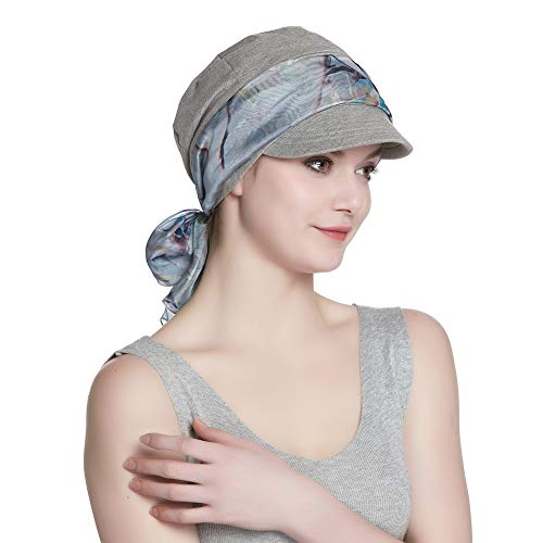 Alnorm Breathable Cotton Hat and Scarf Set Chemo Headwear for Women - color: Light Gray Floral
