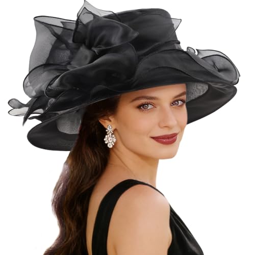 AQOKKA Women Organza Church Fascinators Kentucky Derby Hats for Women and Girls Wedding Flower Tea Party Hat with Wide Brim - color: Organza Big Bow : Black
