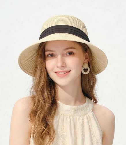 Women's Sun Straw Hats Summer Wide Brim Beach Hat UPF 80+ Travel Vacation Accessories Packable Foldable Cap - color: Beige