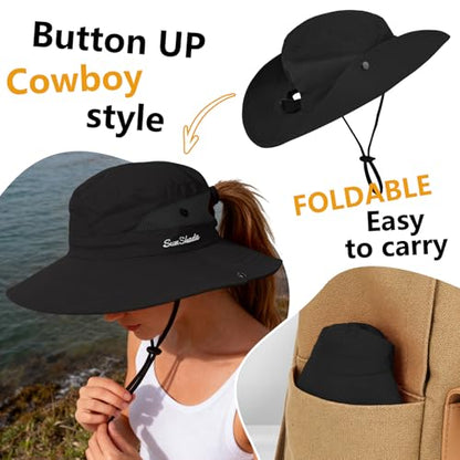 ZOORON Women's Ponytail Safari Sun Hat,Wide Brim UV Protection Bucket Hat - color: 2-black+beige