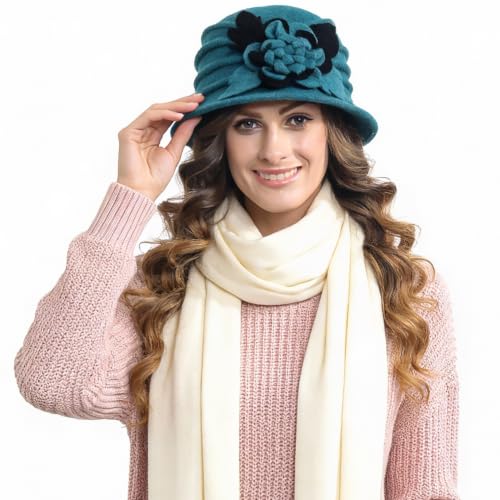 Vintage Women Floral Wool Dress Cloche Winter Hat 1920s - color: C020-turquoise