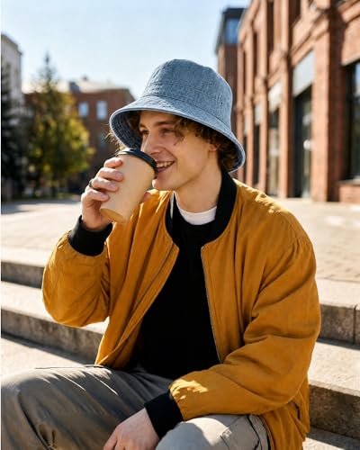 HONGTEYA Bucket Sun Hats for Woman Men Cotton Summer Beach Hat Golf Fishing - color: Blue Jean, size: Medium