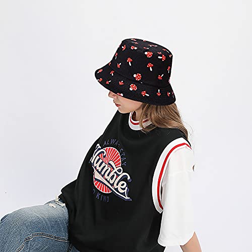 XYIYI Cute Bucket Hat Beach Fisherman Hats for Women, Reversible Double-Side-Wear - color: Mushroom Black