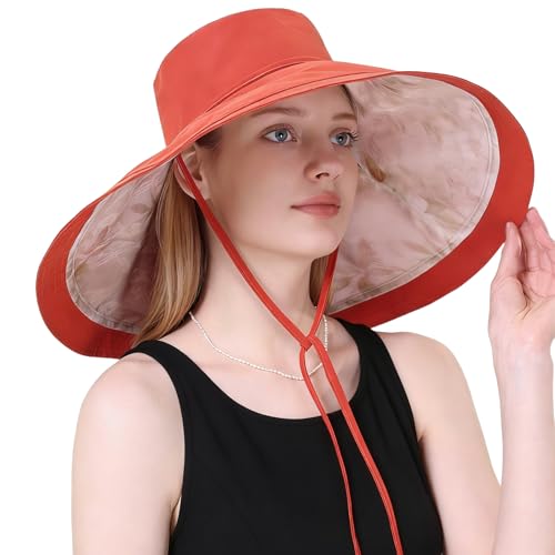 Wide Brim Sun Hat for Women Reversible Beach Hats Metal Wired Edge Gardening Hats, UPF 50+ Bucket Summer Hat - color: Orange Floral