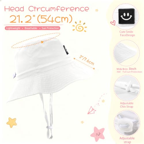 Kids Sun Hat Smile Face Bucket Hat Toddler Hat Wide Brim Adjustable Strap - color: White+blue, size: 3-8T