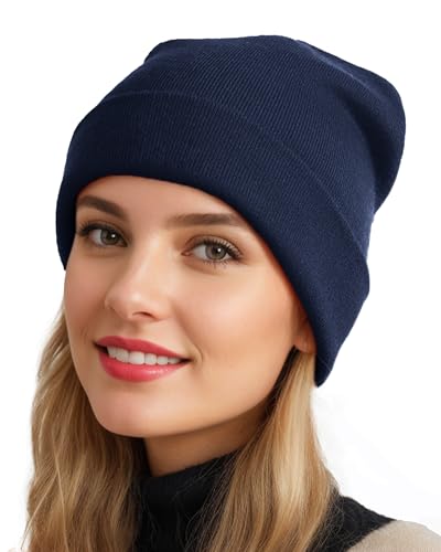 Womens Satin Lined Beanie Wool Silk Lining Slouchy Warm Skull Cap - color: 1pcs- Navy Blue