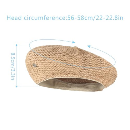Women Summer Straw Woven Sunhat Classic Beret Artist Painter Sun Hat Cap - color: B Khaki
