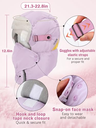 Winter Trapper Hat for Women - Windproof & Waterproof Hat with Removable Mask Goggles Ear Flaps, Purple
