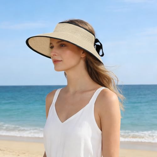 Beach Sun Hats for Women Sun Visors Wide Brim Foldable Straw Hats Packable for Travel Vacation - color: Beige