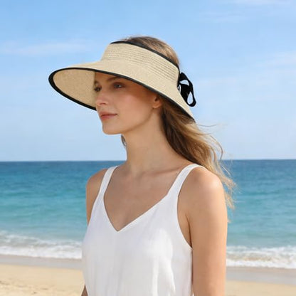 Beach Sun Hats for Women Sun Visors Wide Brim Foldable Straw Hats Packable for Travel Vacation - color: Beige