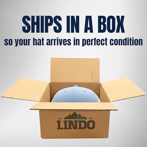LINDO Trucker Hat [ Great Outdoors Design ] for Men and Women: Mid Profile Cap with Breathable Mesh Back and Adjustable Snap - color: Navy/Sky/White