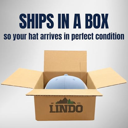 LINDO Trucker Hat [ Great Outdoors Design ] for Men and Women: Mid Profile Cap with Breathable Mesh Back and Adjustable Snap - color: Navy/Sky/White