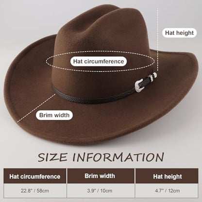 AQOKKA Western Cowboy Hats for Women Classic Felt Wide Brim Fedora Hat with Belt Buckle Retro Panama Hat Unisex Rolled up Cap - color: 1 Pc Fedora Hat A: Coffee