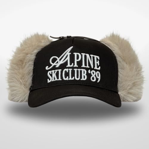 Vintage Fashion Trucker Hat | Men & Women | Trendy Cute Retro Red Caps for Country & Western | Camo Fur Cotton | Snapback - color: Alpine Ski Club | Black + Fur