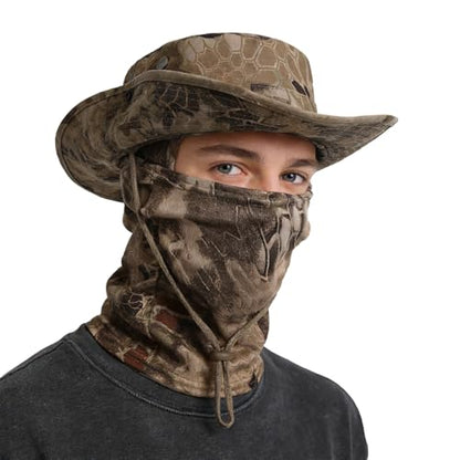 Boonie Hat with Balaclava Face Mask - UV Protection Wide Brim Sun Hat, Adjustable & Foldable for Hunting Fishing Outdoor - color: Python Yellow