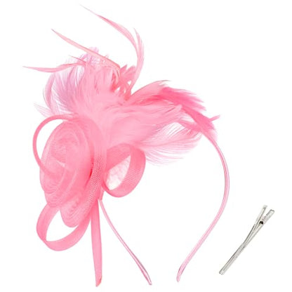AMCAMI Fascinators Hats with Feather for Women 2026 Derby Hats Small Tea Party Hat with Headband - color: Pink