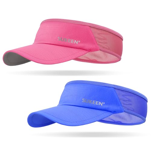 Sukeen 2 Pack Sports Sun Visor Men Women Lightweight Packable Cooling Stretchy Visor Hat for Running, Tennis, Golf - color: Blue/Rose Red