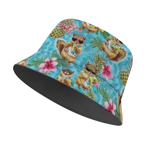 Amasnay Neon Bucket Hat Cotton Double-Side-Wear Reversible Sun Hat for Women Men, Summer Vacation Travel Beach Fisherman Hat - color: Floral Squirrel