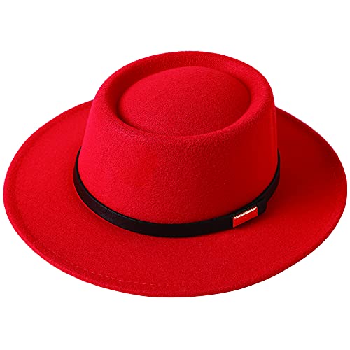 Lanzom Women Vintage Wide Brim Warm Wool Fedora Hat Belt Panama Hat Felt Jazz Hat - color: A-red