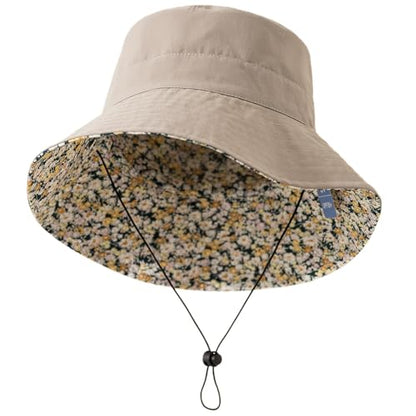 Lightweight Soft Women's Sun Hat, Floral Print UPF50+ UV Protection Bucket Hat, Foldable Portable, for Beach Vacation - color: Khaki