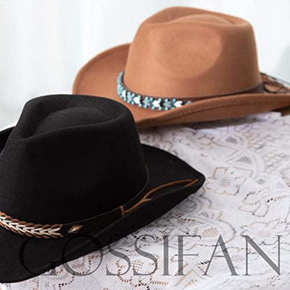 Western Cowboy Hat Felt Wide Brim Women Men Cowgirl Hats - color: X-beaded -Khaki