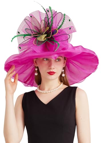 Women Derby Fascinator Hat Organza Church Wedding Hats Wide Brim Cocktail Tea Party Hat - color: 37fuchsia