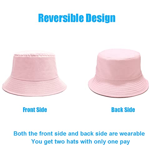 Bucket Hat for Women Men, Reversible Cotton Summer Sun Beach Cap Solid Color Style - color: A-pink