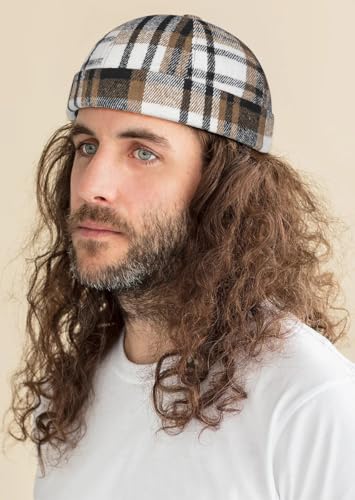 DIYDECAL Striped Plaid Brimless Worker Cap,Retro Skullcap Docker Hat for Men Womens - color: Coffee