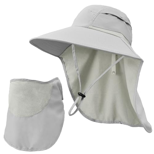 Sun Hats for Men Women Detachable Face Cover Wide Brim Fishing Hats with Neck Flap UPF 50+ Outdoor Safari Hats - color: Light Grey