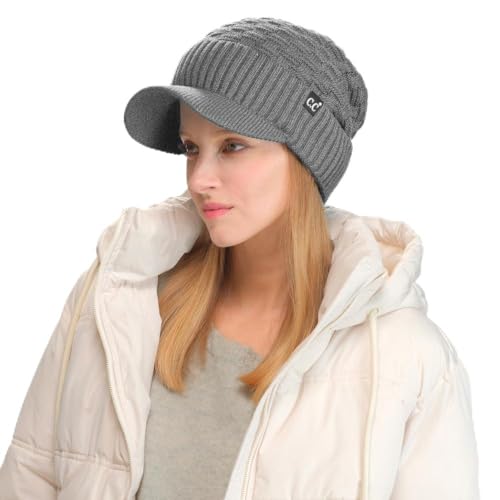 C.C Fuzzy Fleece Lined Warm Oversized Chunky Soft Stretchy Oversized Two Way Ribbed Slouchy Knit Hat with Visor Brim - color: Light Melange Grey