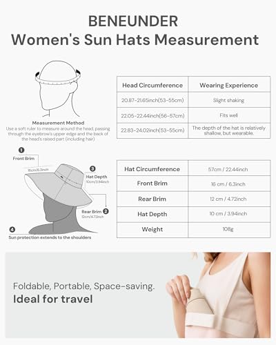BENEUNDER Reversible Wide Brim Sun Bucket Hats UPF50+ UV Protection Foldable for Women Outdoor Beach Vacation Travel - color: Khaki-beige