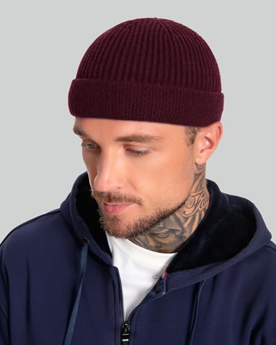 ROYBENS Short Fisherman Beanie for Men Women Wool Knit Warm Winter Hat Swag - color: 1pcs-wine Red