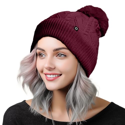 DALIX Cable Knit Pom Beanie Soft Stretch Skully Warm Fuzzy Faux Sherpa Winter Ski Beanie - color: Maroon