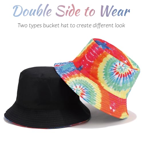 Reversible Bucket Hat for Women Summer Travel Fisherman Cap, Girls Cute Double Side Wear Bucket Cap - color: Tie Dye